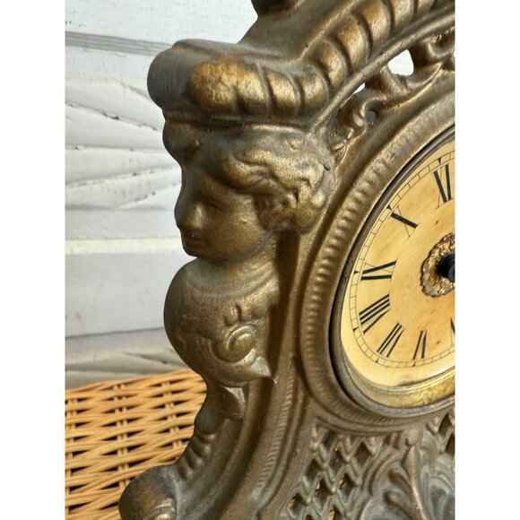 Antique 1880s Cast Iron Gold GIlt Clock Mermaids Womans Face Ornate Running - Picture 5 of 16